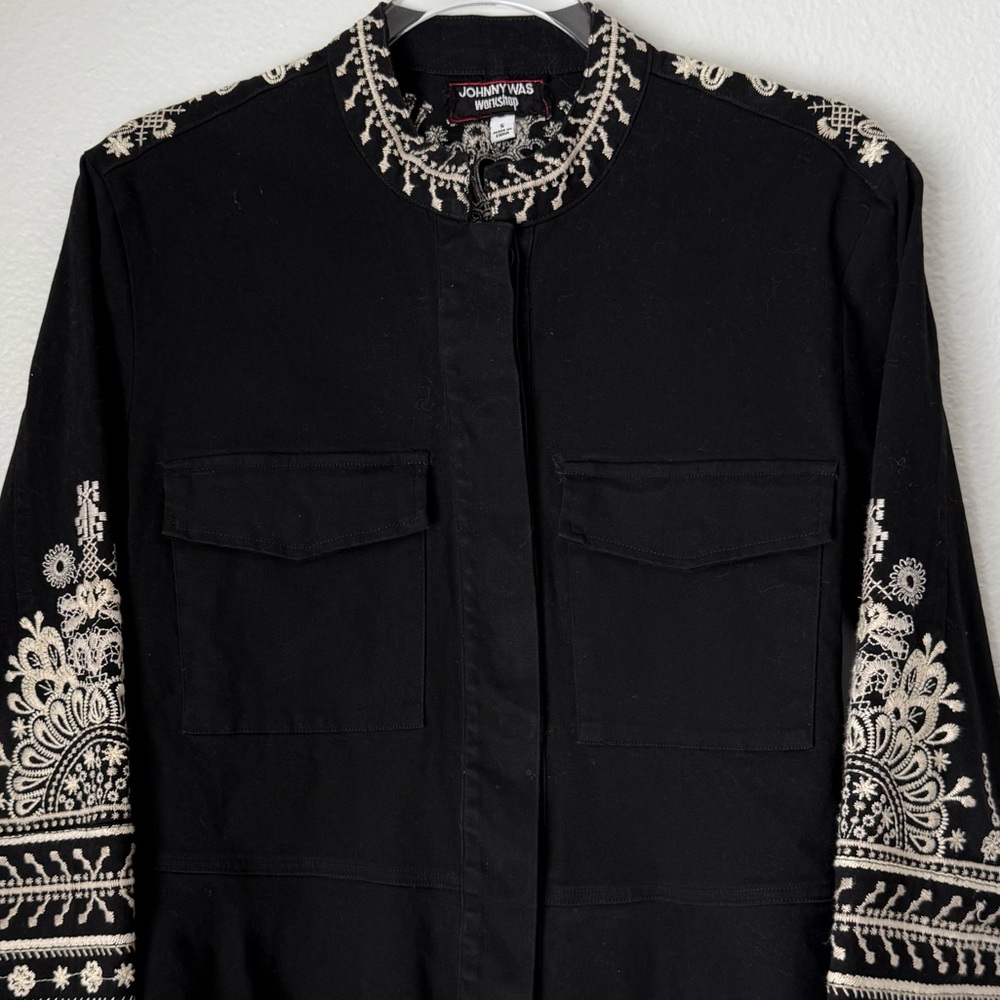 Johnny Was Workshop Marik Black Embroidered Peplum Military Jacket Raw Hem Small - Picture 6 of 14